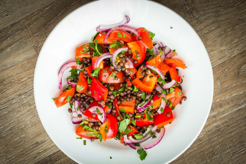 Lentil, onion and tomato healthy salad